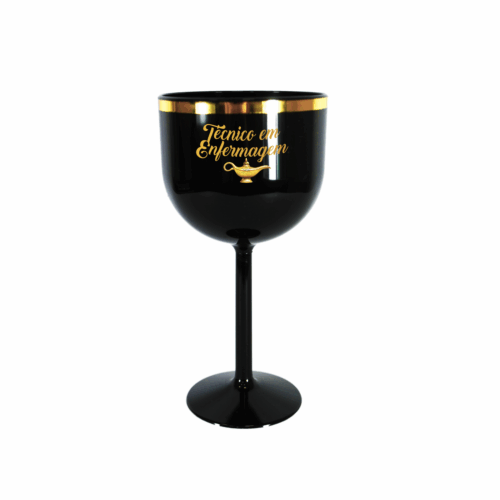 TAÇA DE GIN PRETA COM BORDA DOURADA